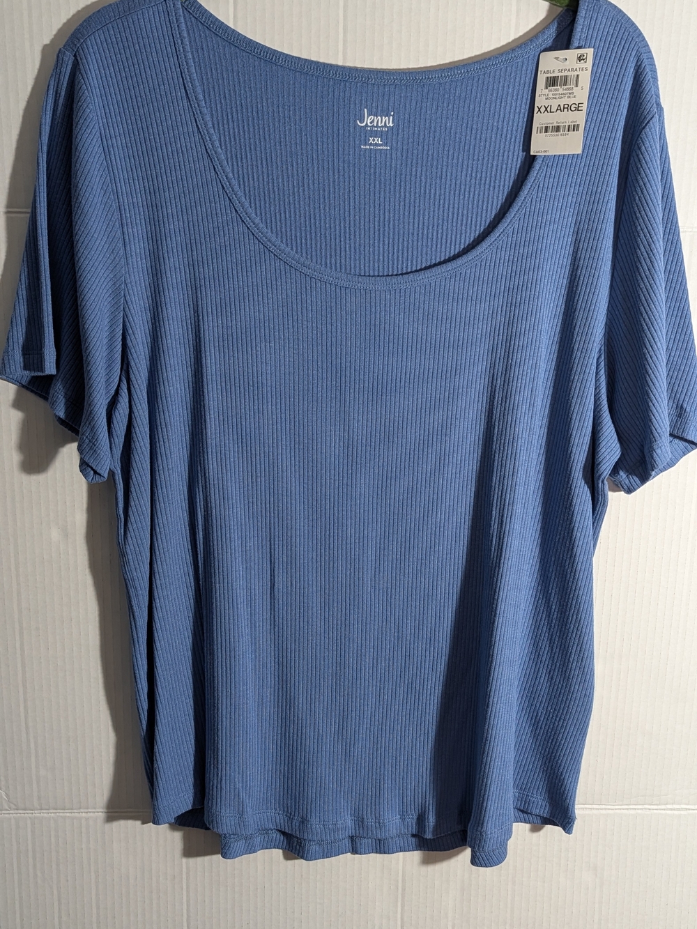 Jenni Dusty Blue Ribbed Scoop Neck Short Sleeve Top